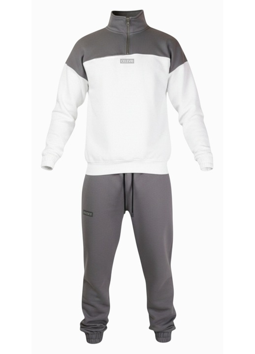 Мъжки тренировъчен суитшърт Celevri в два цвята от 100% памук, с цип и паднало рамо, Бял/Сив