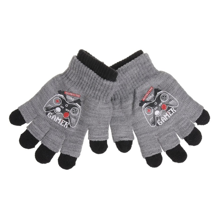 Manusi Duble Negre Gri cu Model Gamer pentru Copii 6-10 Ani - 1 pereche