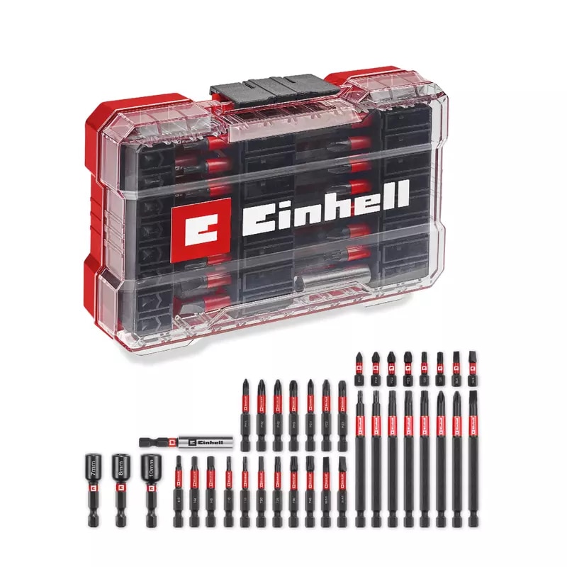 Set de biti de impact original Einhell M-CASE din 38 de piese, biti de 25 mm, biti de 50 mm, biti de 90 mm, chei hexagonale, suport de biti de 60 mm Inclusiv cutie de depozitare