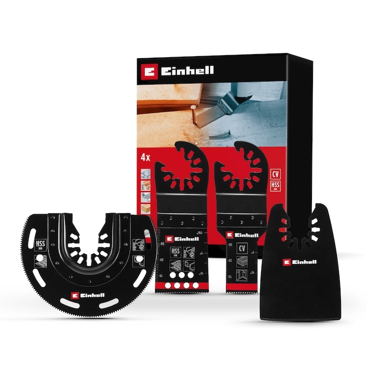 Set accesorii multifunctional Einhell din 4 piese, lama de taiere BIM, lama de taiere BIM semirotunda, lama de taiere CrV si racleta flexibila cu suport Open Back Quick Change