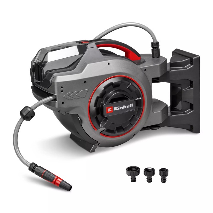 Макара за маркуч Einhell GE-HR 18/30-1 Li-Solo Power X-Change 18 V, Акум, Автом приб на маркуча, До 180°, Стенен монтаж, Град маркуч 30 м и пист, Без батер