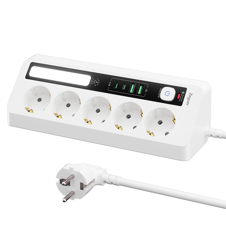 Priza Extensie 9 in 1, Zeguer, 5 prize, 2 USB, 2 Type-C, Cu Lumina Noaptea Reglabila, Antiderapant, Agatabil, 2500w, Cablu 1.8m, Alb