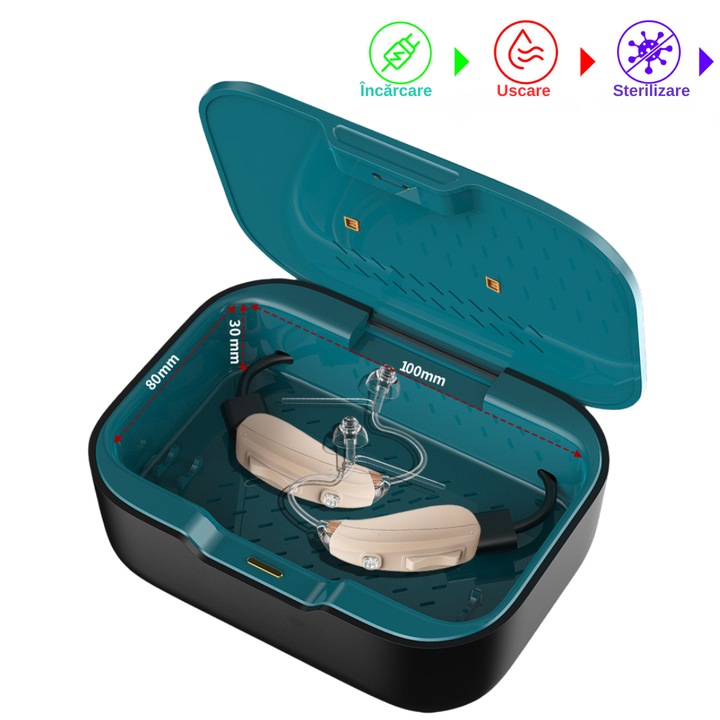 Cutie pentru Uscarea Aparatelor Auditive, Sterilizare UV si Incarcare, Multifunctional, Alimentare USB, Negru