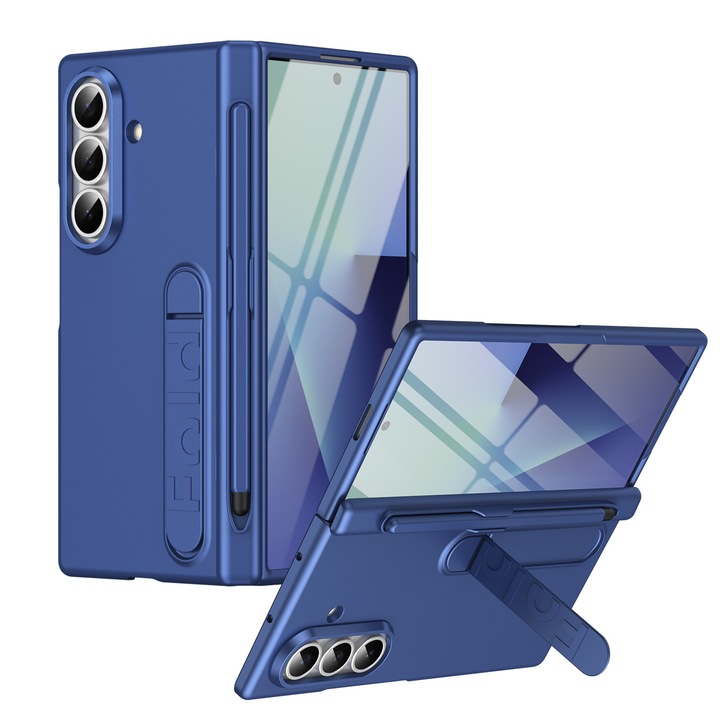 Telefontok állvánnyal, Samsung Galaxy Z Fold 7-hez, műanyag, ütésálló, 9H edzett üveg