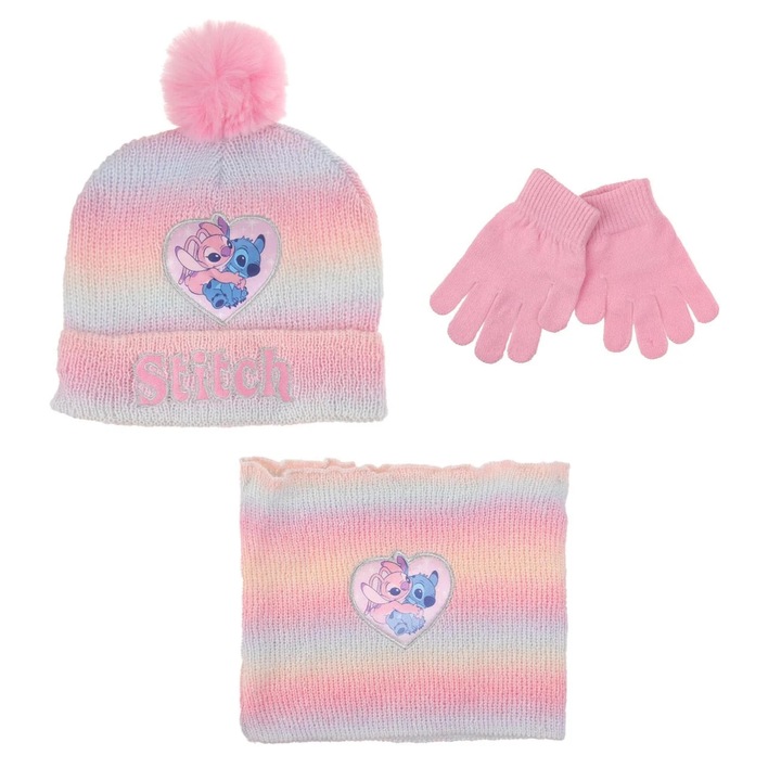 Set Caciula Rainbow cu Model Stitch Pompon Fular Circular & Manusi pentru Copii 6-7 Ani - 3 piese