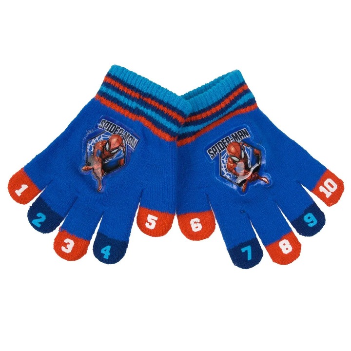 Manusi Albastre cu Dungi si Model Spiderman & Cifre Colorate pe Degete pentru Copii 2-5 Ani - 1 pereche
