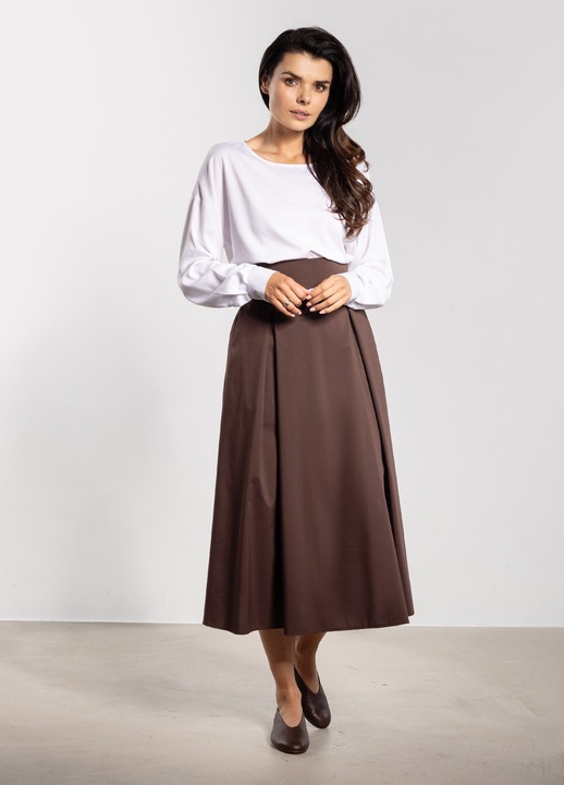 Fusta midi awama, talie inalta, cordon, evazata, ciocolatiu, nylon