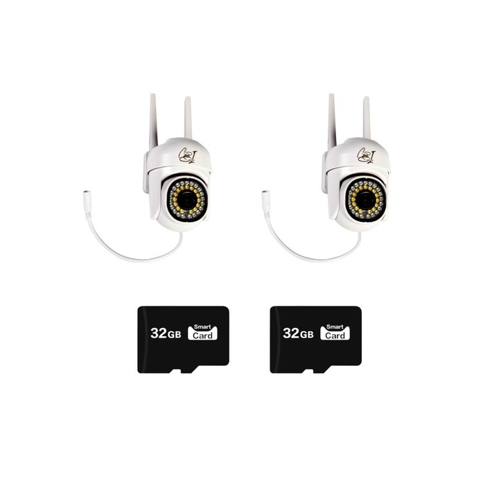 Set 2 camere supraveghere COBI SMART 8161QJ, Wifi IP, rotatie 355 grade, include 2 carduri memorie 32 GB