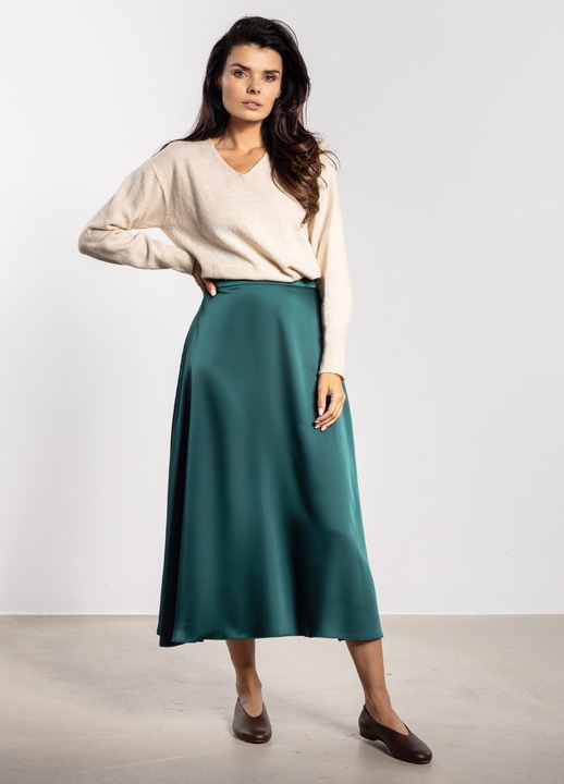 Fusta midi, awama, satin, talie inalta, croiala evazata, verde sticla