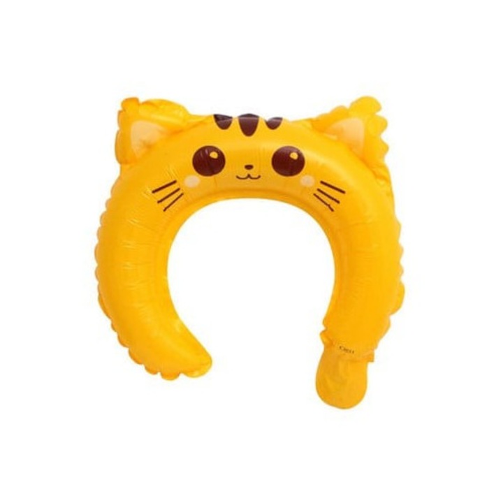 Fólia Lufi, Leski, Korona Füllel, Cica Modell, Egyedi Csomagolás, Szívószál Tartozék, Levegővel vagy Héliummal Fújható, 24 x 29.5 cm, Sárga