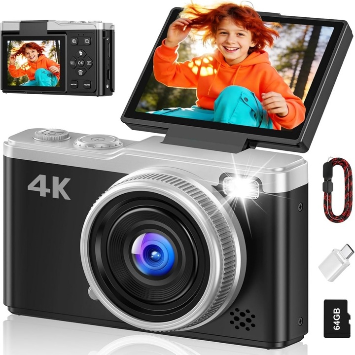 Aparat foto digital, 4K, Excitat®, autofocus, cu card de memorie de 64 GB, compact, 64 milioane de pixeli HD, Zoom Digital 16x, display pliabil de 2.4 inchi(Flip Screen 180°), Negru