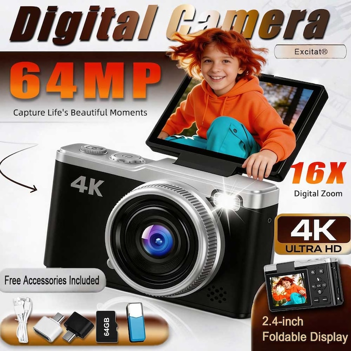 Camera digitala HICSHON, autofocus, 48 megapixeli, zoom 16x, card de memorie de 32 GB inclus, verde