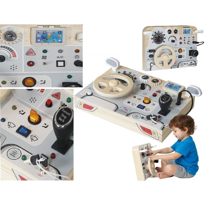 Jucărie educativă din lemn JuniorDriver, bord auto interactiv, volan, efecte sonore, 30x21.8x10cm