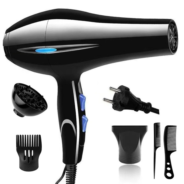 Професионален сешоар DELIYA, 800W, 2 скорости и 3 степени на температура, черен, комплект с 5 аксесоара, идеален за всички типове коса, бързо изсушаване и защита на косата