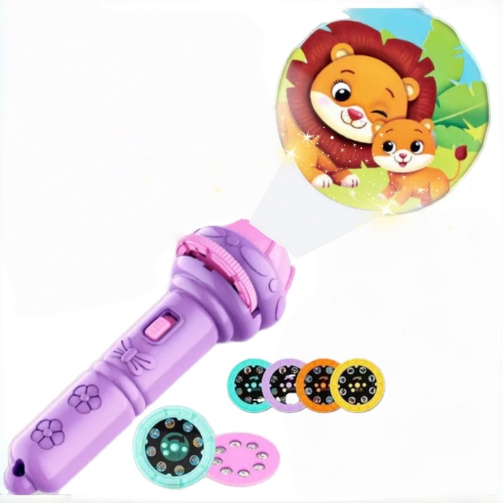 Lanterna Proiector Distractiv, cu 48 Imagini, 6 Teme, Violet, 12x5cm, Jucărie Educativă pentru Copii 2+ Ani