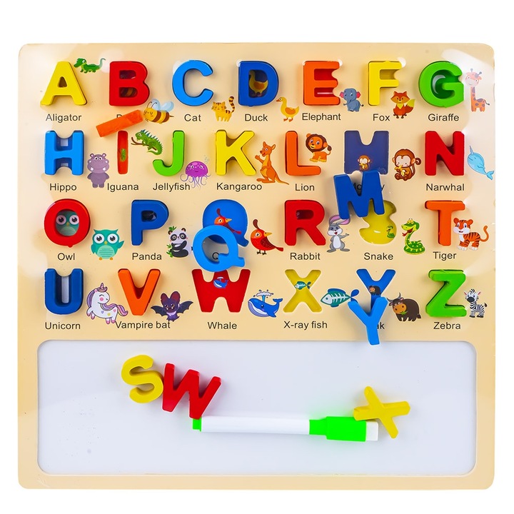 Set educațional tablita de scris cu marker și puzzle incastru litere, lemn, multicolor, 30x29.7x0.6cm