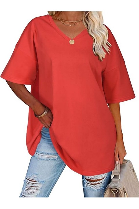 Tricou dama, rosu, marime M, bumbac, decolteu in V, supradimensionat