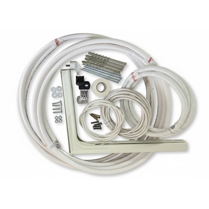 Комплект за монтаж на климатик 9000–12000 BTU/h, 10 м гъвкава медна тръба Flexio Split изолирана 1/4”–3/8” дебелина 0,7 мм, Електрически кабел за свързване UI-UE, PVC маркуч за конденз, Самозалепваща изолационна лента и аксесоари за монтаж на ОВК