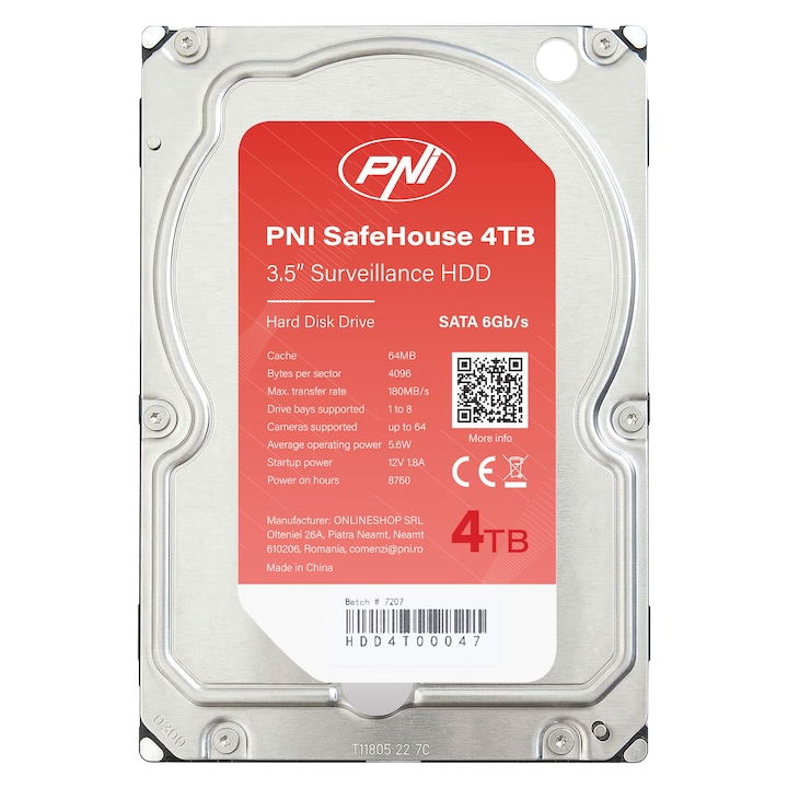 Хард диск PNI SafeHouse 4TB 3.5" HDD, CCTV, 64MB, SATA III, 7200 RPM за системи за видеонаблюдение