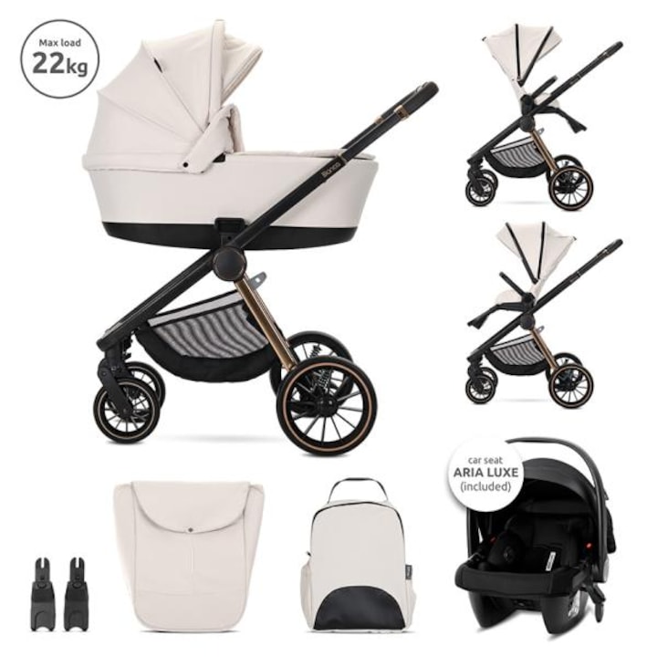 Carucior copii 3 in 1, Lorelli, Bianca, reversibil, 0-22 kg, landou, parte sport si scoica auto Aria Luxe, cadru din aluminiu, Bej