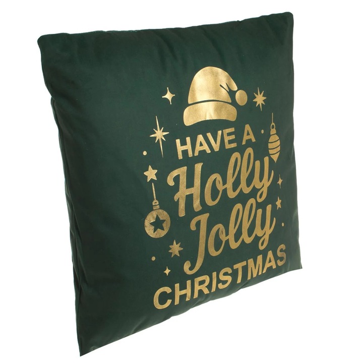 Perna decorativă de Crăciun Verde 43x43cm, “Have a Holly Christmas”, cu mesaj auriu