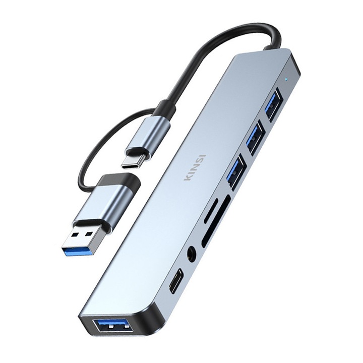 HUB USB/USB-C 8-in-2 KINSI, Aluminiu, Compatibil laptop MacBook, PC, 3 Porturi USB 2.0, 1 Port USB 3.0, 1 Port Jack audio, 1 port USB-C, Card TF/SD, Gri