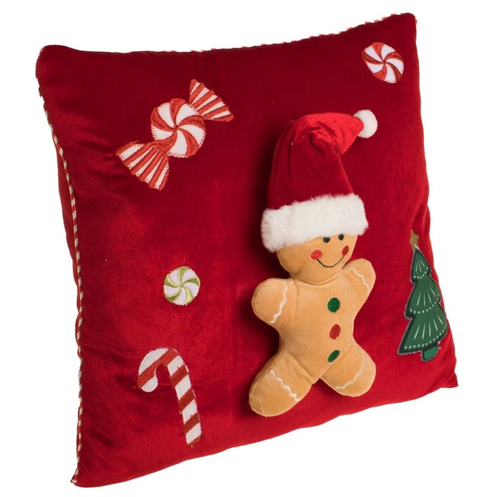 Perna decorativă Crăciun, figurina om de turta dulce 3D, roșie, 35x35cm