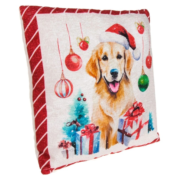 Perna decorativă Crăciun albă cu model câine, 35x35cm