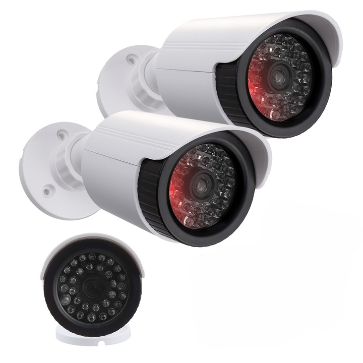 Set 2 camere false IR1800 WT, LED rosu intermitent, alb, ABS, IP44, functioneaza cu 2xAA (nu sunt incluse), include autocolante de avertizare