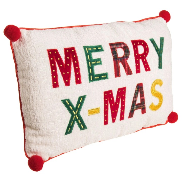 Perna Decorativa de Craciun Alba cu Mesaj Brodat "Merry X-Mas" 43x27cm