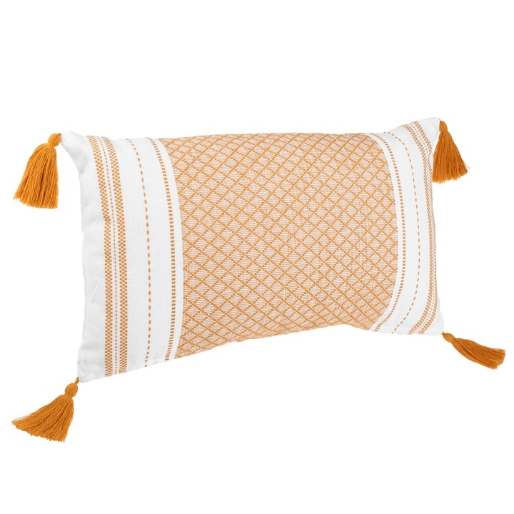 Perna decorativă bej cu romburi galben mustar și franjuri 50x30cm