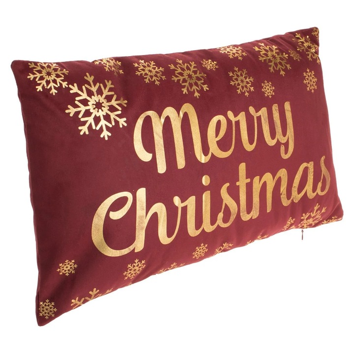 Perna decorativa Craciun bordo, 50x30cm, textila catifelata, mesaj auriu "Merry Christmas"