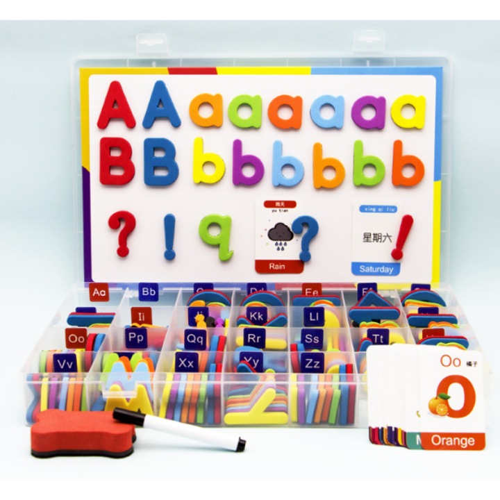 Set magnetic litere si cifre, 248 piese, cu tabla alba si carduri, multicolor