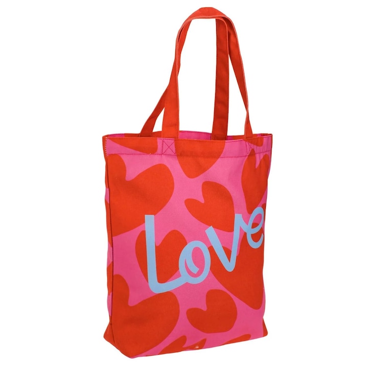 Sacosa Textila Reutilizabila Fucsia cu Inimi Rosii "Love" 39x8x42cm