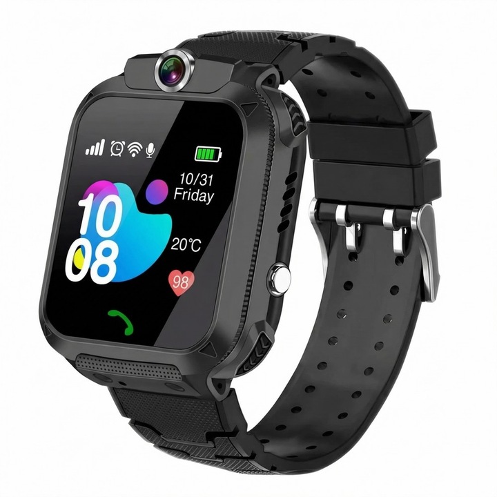 Ceas inteligent pentru copii, functii telefon, ecran tactil color, camera, chat audio, buton SOS, lanterna, impermeabil, negru