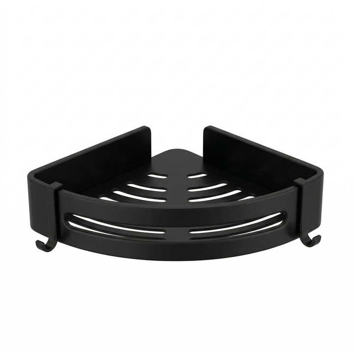 Raft de baie unghiular, montare fara gauri cu 2 carlige, dimensiuni 29x22x4 cm, aluminiu, negru