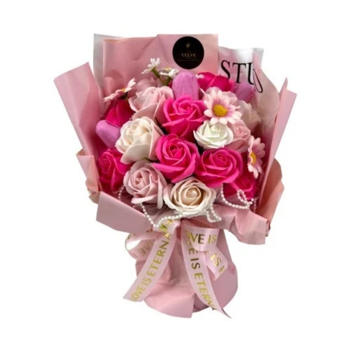 Buchet floral Eternal din flori artizanale, trandafiri si lalele de sapun, Roz pastel, Velve