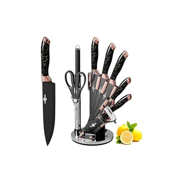 Set Cutite Bucatarie KAZUSHI 9 Piese, Otel Inoxidabil, Manere Ergonomice, Suport Rotativ 360, Negru mat