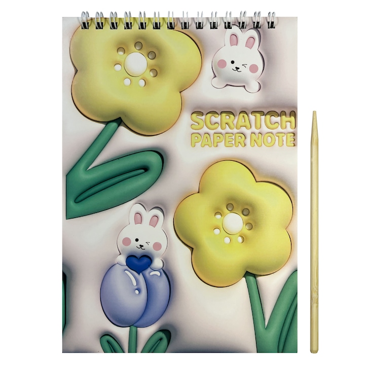 Carnetel de desen prin zgâriere, Iepuraș cu Flori, 14x20 cm, spiralat, include creion din lemn, foi negre multicolore