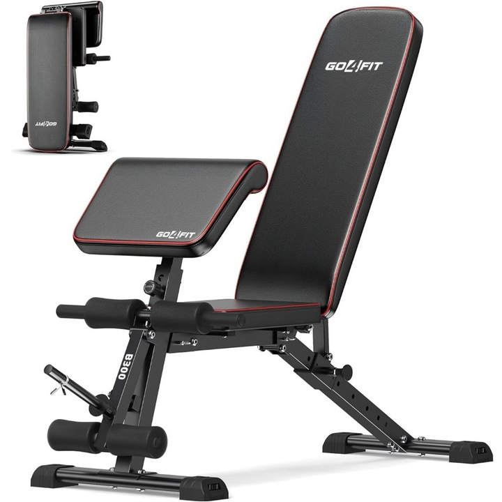 Banca Antrenament Multifunctionala 3-in-1 GO4FIT®, Model B300, Pliabila, Suport Ajustabil & Extensii Picioare, Inclinare Spatar -30° la 86°, Cadru Otel Solid, Greutate Maxima 120kg, Ideala Fitness Acasa, Exercitii Forta, Abdomen, Piept, Biceps, Negru