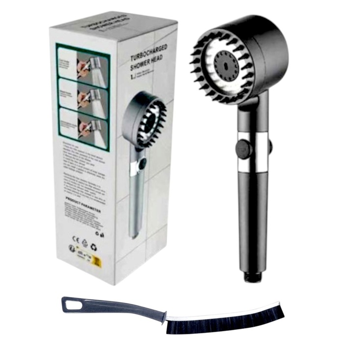 Cap de dus, de inalta presiune, pentru masaj, cu filtrare impuritati, 3 variante pulverizare, lungime/diametru 25/7, 5 cm. design premium set cu Perie ingusta, 23 cm, pentru spatii greu accesibile