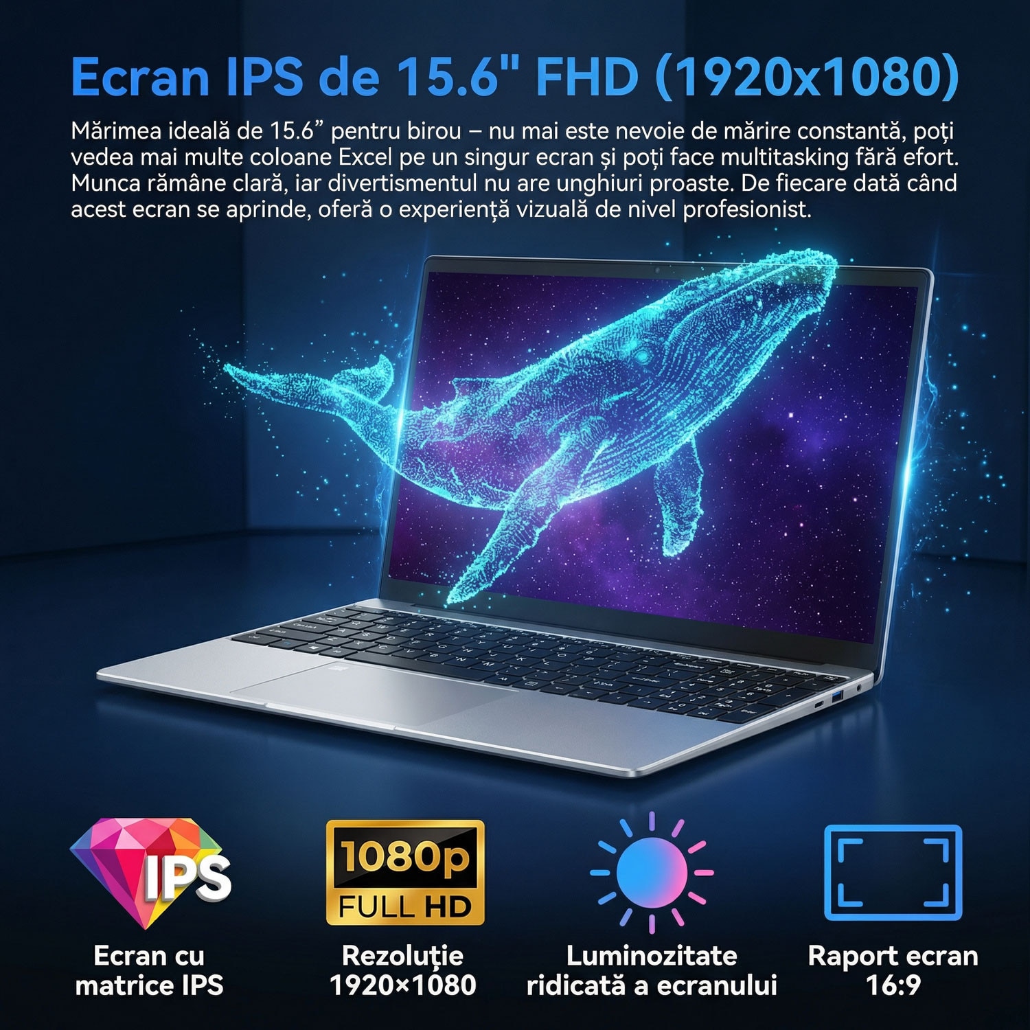 Laptop MiniHyper cu procesor Intel Celeron N5100, 15.6" Full HD, 16GB DDR4 RAM, 512GB SSD,4C/4T, Intel UHD Graphics, Windows 11 Home, Argintiu