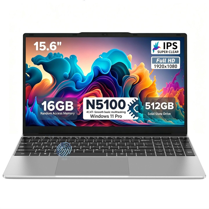 Laptop MiniHyper cu procesor Intel Celeron N5100, 15.6" Full HD, 16GB DDR4 RAM, 512GB SSD,4C/4T, Intel UHD Graphics, Windows 11 Home, Argintiu