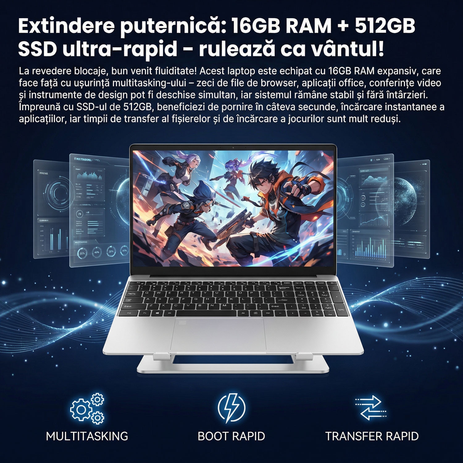 Laptop MiniHyper cu procesor Intel Celeron N5100, 15.6" Full HD, 16GB DDR4 RAM, 512GB SSD,4C/4T, Intel UHD Graphics, Windows 11 Home, Argintiu