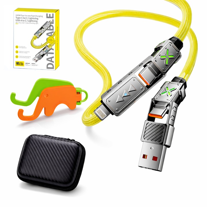 Set cablu de încărcare rapidă cu husa protecție și suport telefon, USB Type-C / Lightning, galben neon, 1.5m