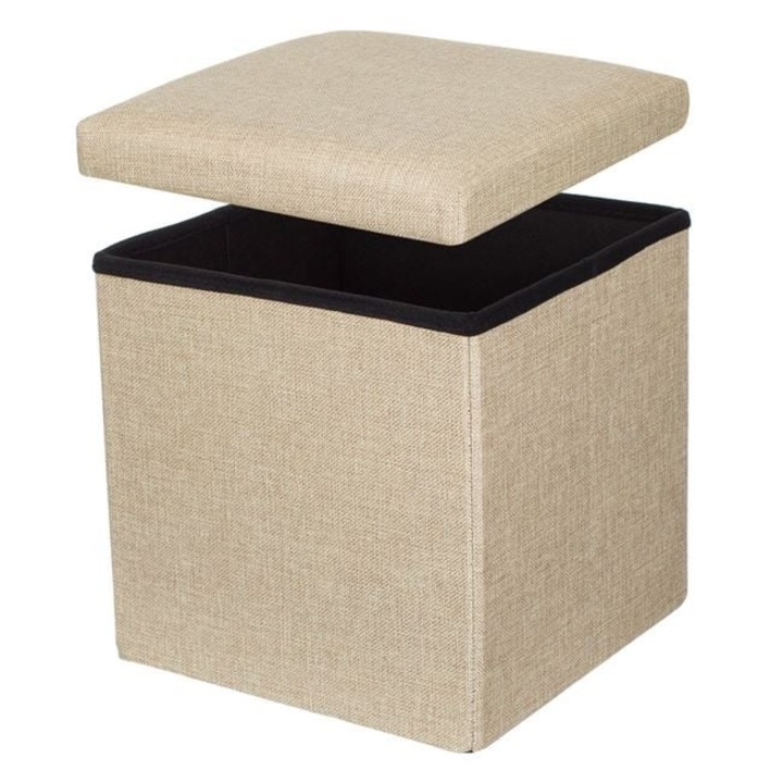 Taburet pliabil, bej, 30x30x30cm, cu spațiu de depozitare și capac detașabil