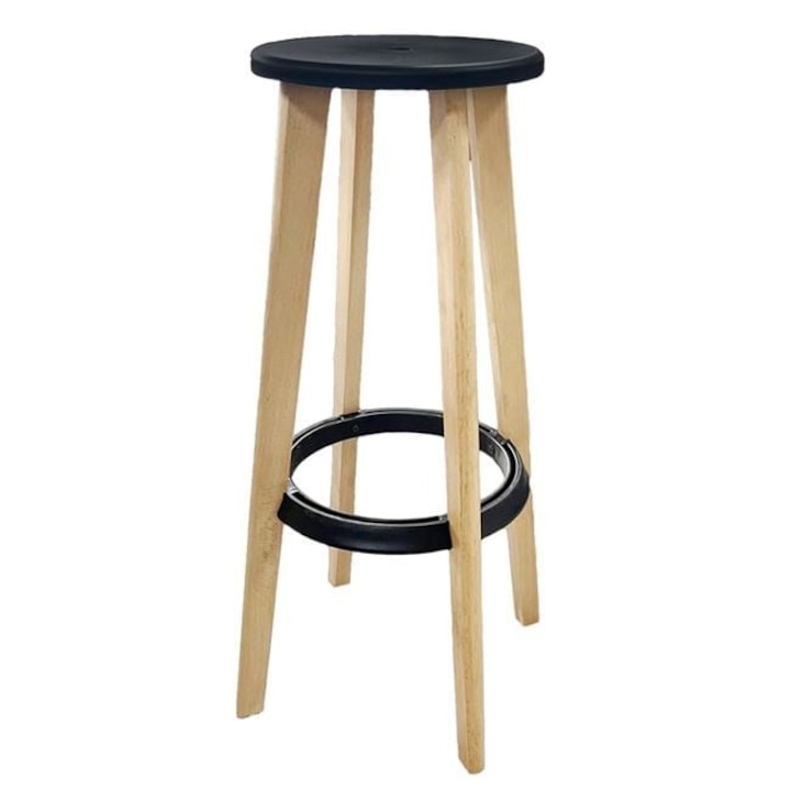 Bárszék, VENITIVO, Fa lábak, Kerek műanyag ülés, Fekete, 33x33x76cm, 1 darab