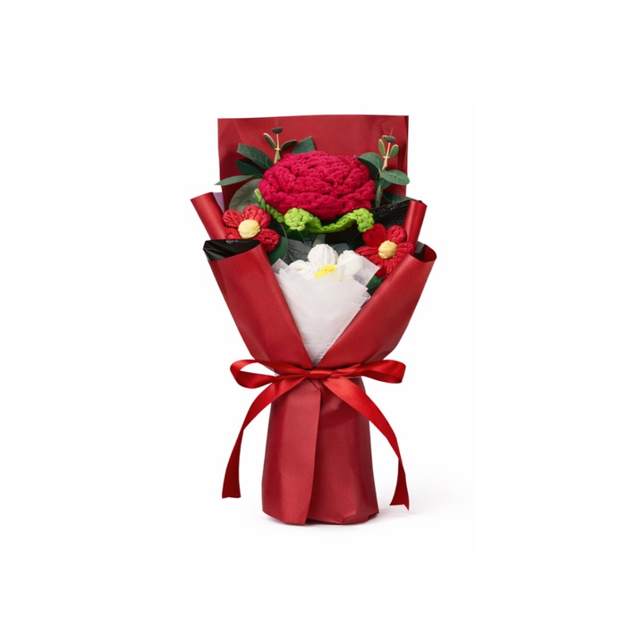 Buchet de flori crosetate, cutie cadou, plastic+textil, rosu, 25 cm