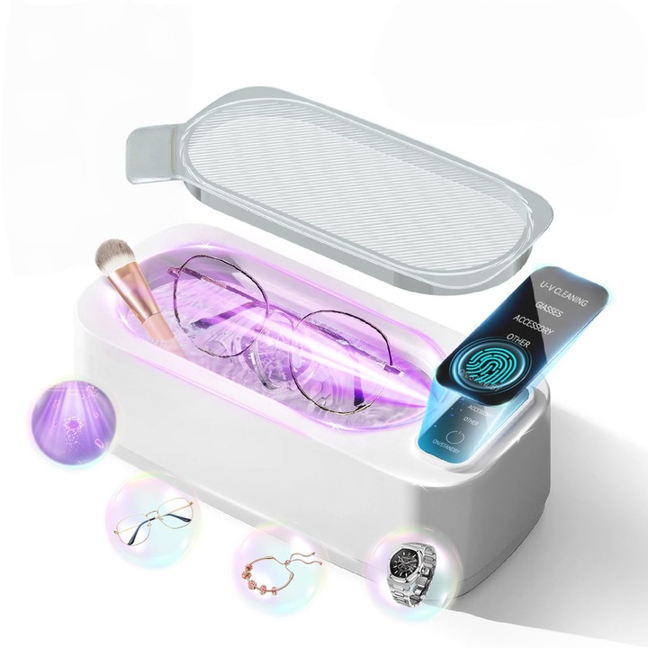 UV rozsdamentes acél ultrahangos tisztító, 4 üzemmód, sterilizálás fertőtlenítés, 47kHz 350ML 24W, kozmetikumokhoz, ékszerekhez, szemüvegekhez, órákhoz, fehér