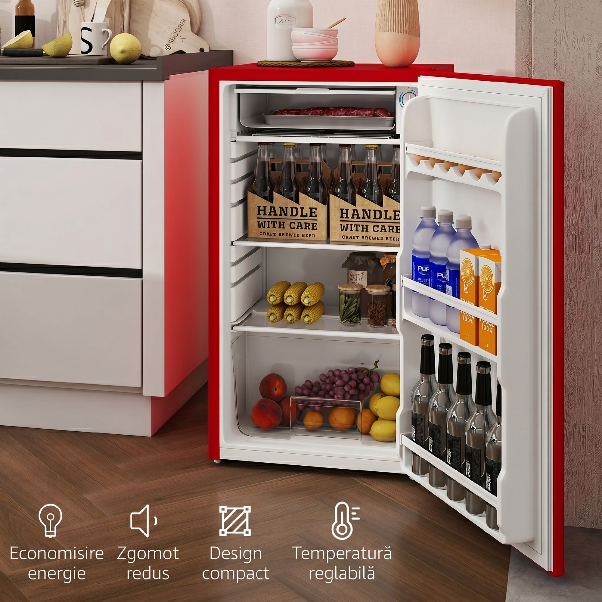 HOMCOM Frigider mic de 91L cu o singura usa reversibila, congelator si temperatura ajustabila, Rosu